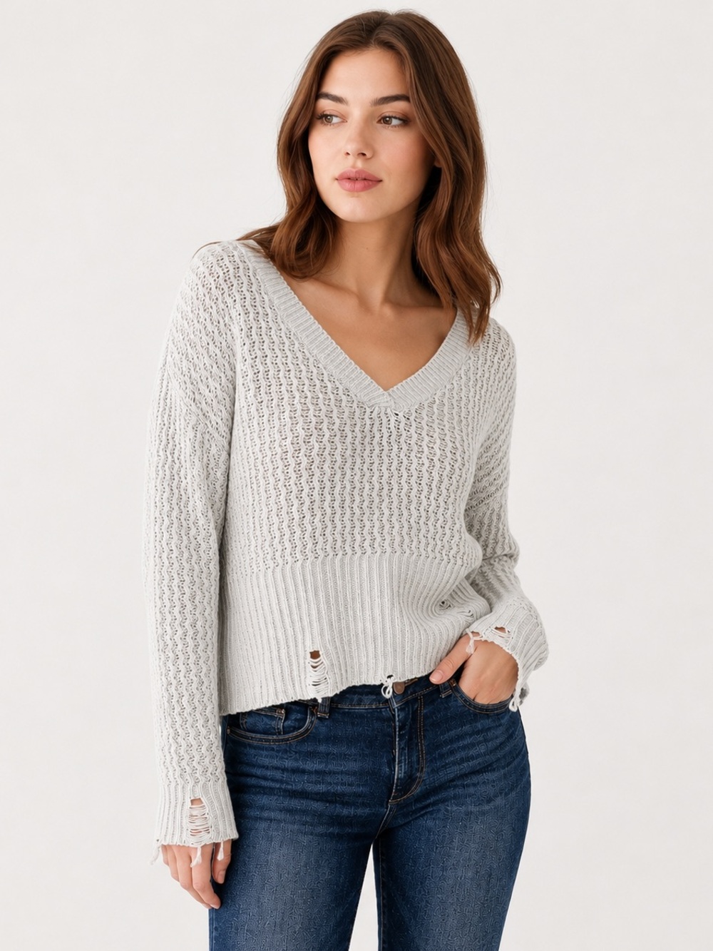 DL1961 Freeman Alley V-Neck Distressed Knit Pullover Sweater Gray Women Size M